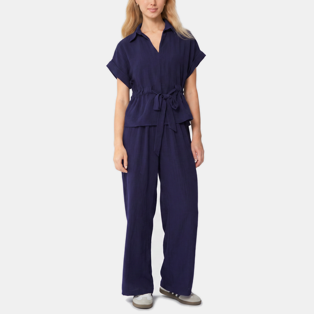 Women's Collared Short Sleeve Top and Wide Leg Trousers Co-ord Set