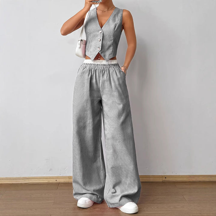 HELENA™ - Elegant Striped Print Vest Top & Wide-Leg Pants Set