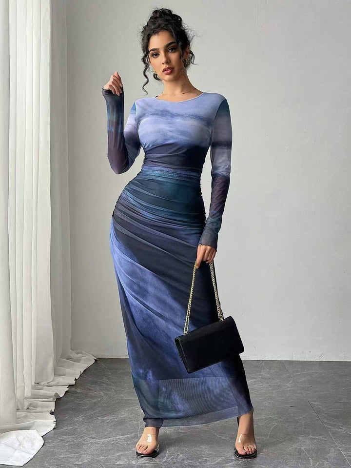 JULIA™ - Comfy Printed Long Sleeve Round Neck Bodycon Maxi Dress