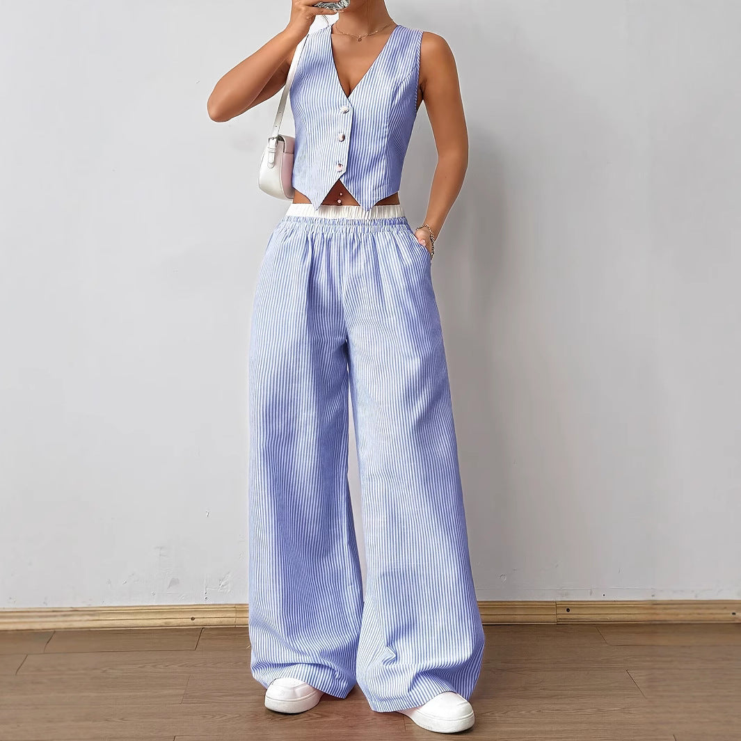 HELENA™ - Elegant Striped Print Vest Top & Wide-Leg Pants Set