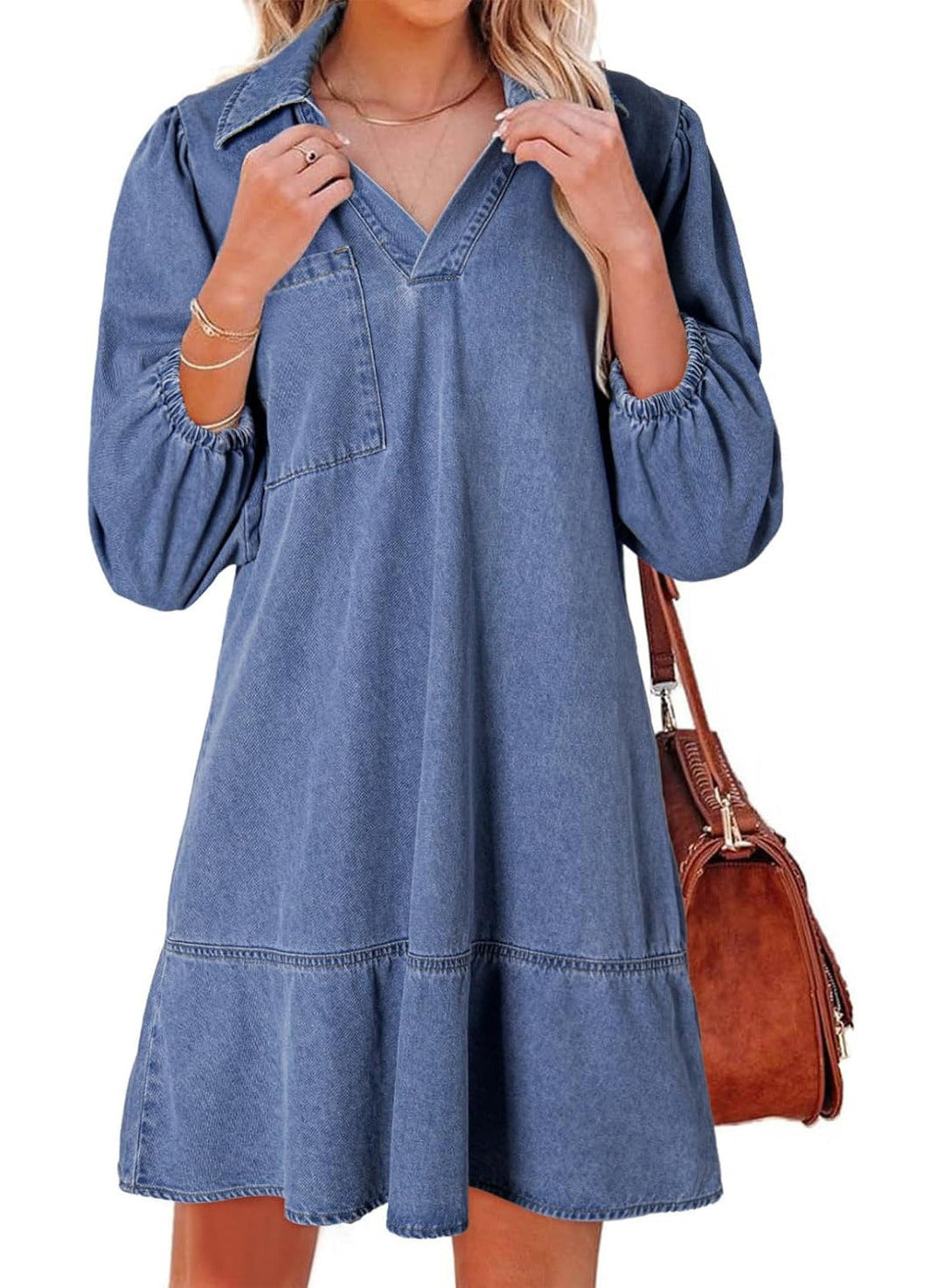 AMAIA™ – V Neck Puff Sleeve Babydoll Dress
