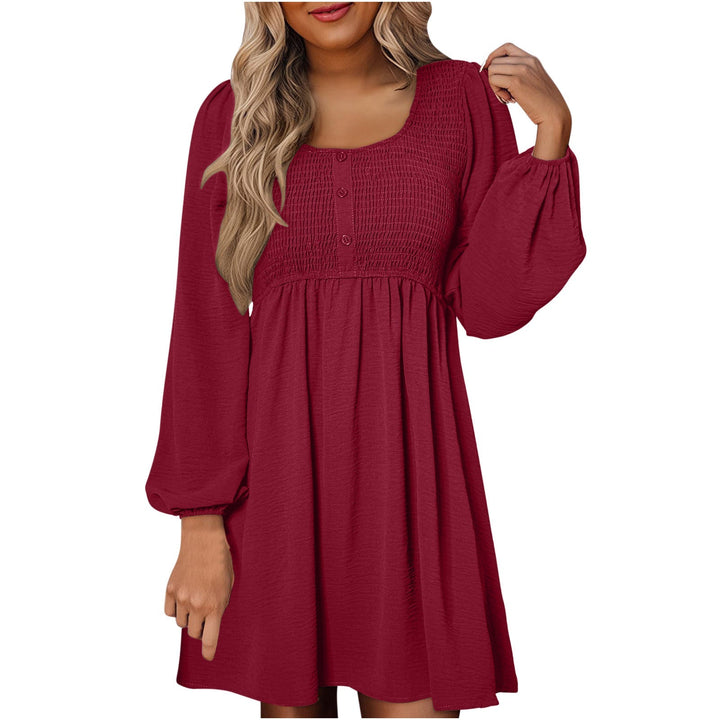 HARPER™ - Casual Smocked Empire Waist A-Line Dress with Button-Up Detail