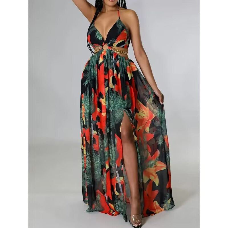 HANNAH™ - Floral Print Cami Dress with Chain Decor and Split Thigh for Beach Holidays