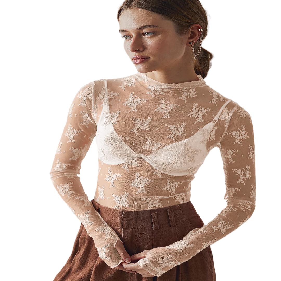 NOVY™ - Lace Mesh Long Sleeve Fitted Blouse