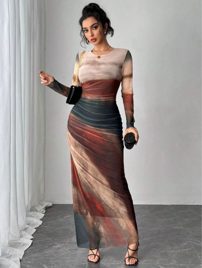 JULIA™ - Comfy Printed Long Sleeve Round Neck Bodycon Maxi Dress