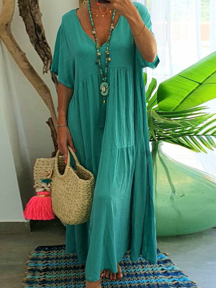 LINNEA™ – Soft Ruffle V-Neck Maxi Dress