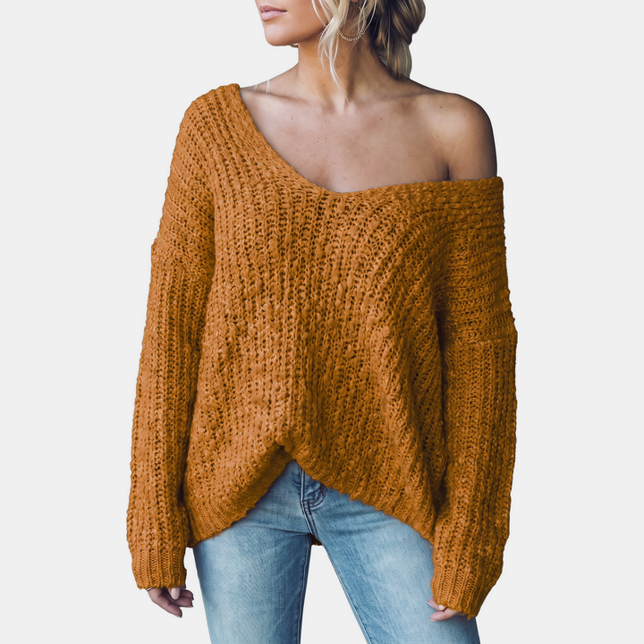 Women's Drop Shoulder Hollow Knit Pullover V-Neck Sweater