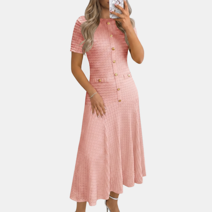 Women's Button Front Short Sleeve Slim Fit Midi A Line Dress