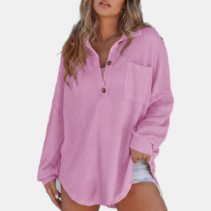 Women's Button V Neck Long Sleeve Waffle Knit Tunic Top