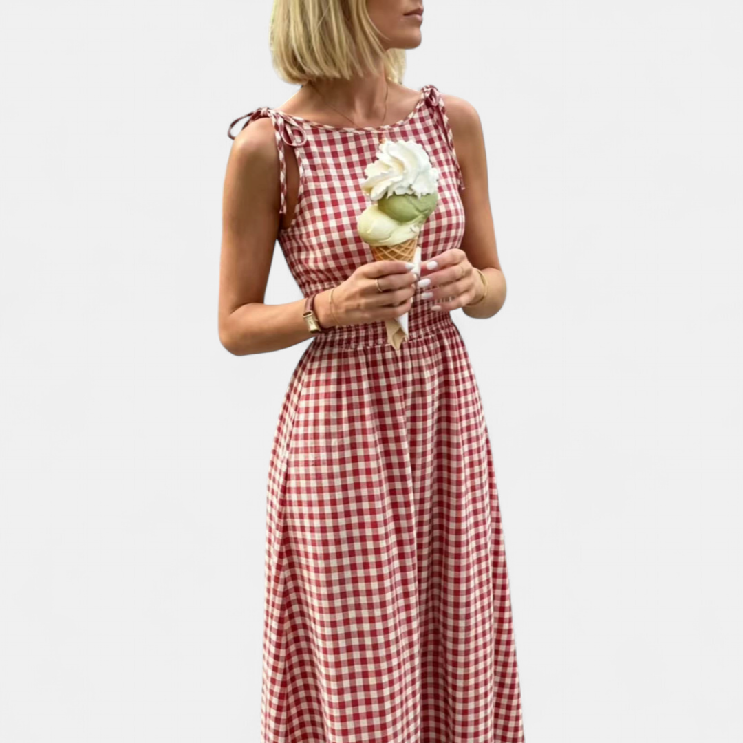 PETAL™ – Plaid Tie-Shoulder Ruffle Maxi Dress
