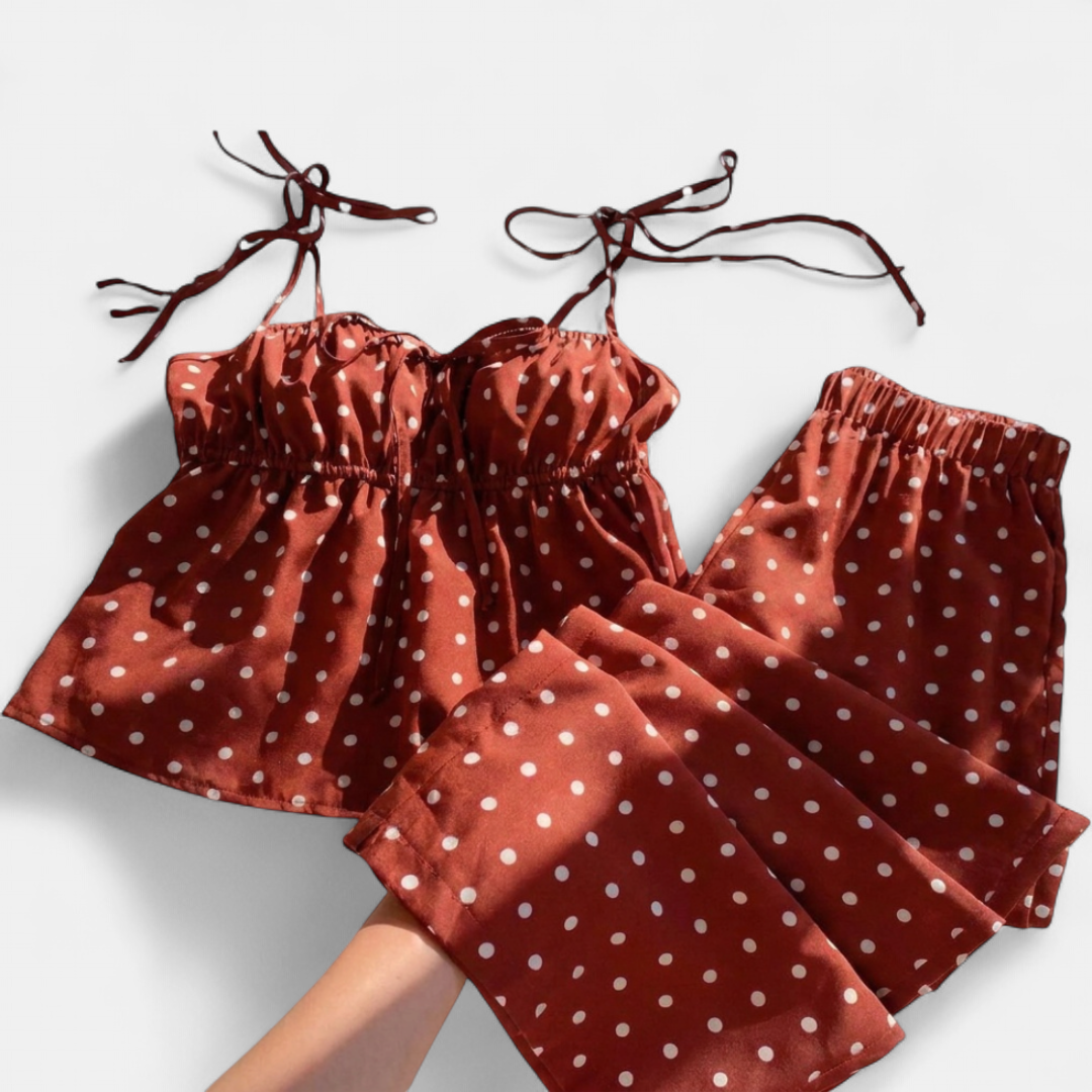 SOLÈNE™ – Polka Dot Tie-Shoulder Cami & Wide Leg Pants Set