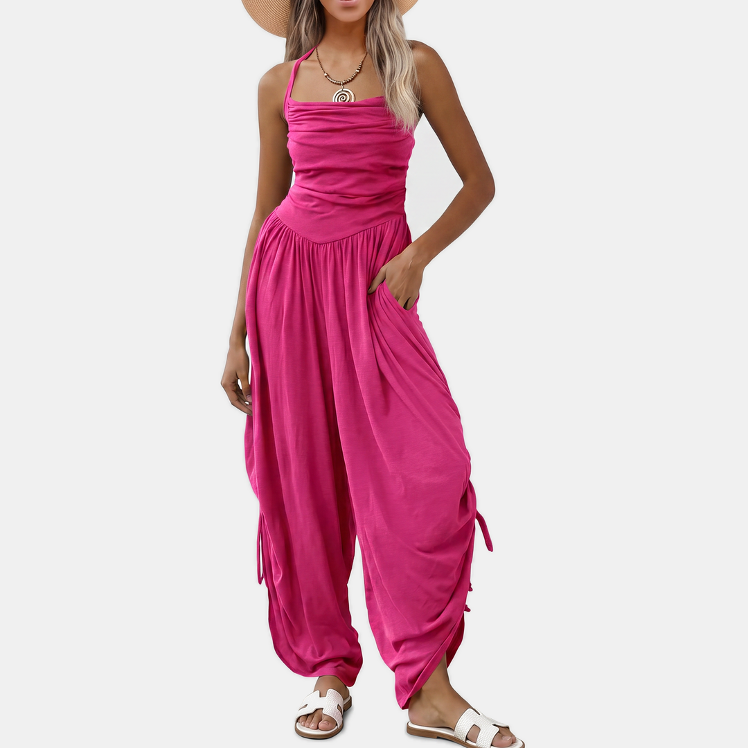 Women's Halter Neck Ruched Bodice Wide Leg Jumpsuit