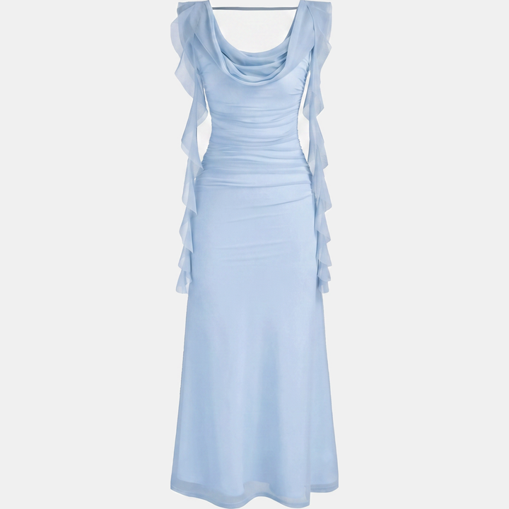 Women's Ruffle Hem Open Back Sleeveless Ruched Maxi Dress