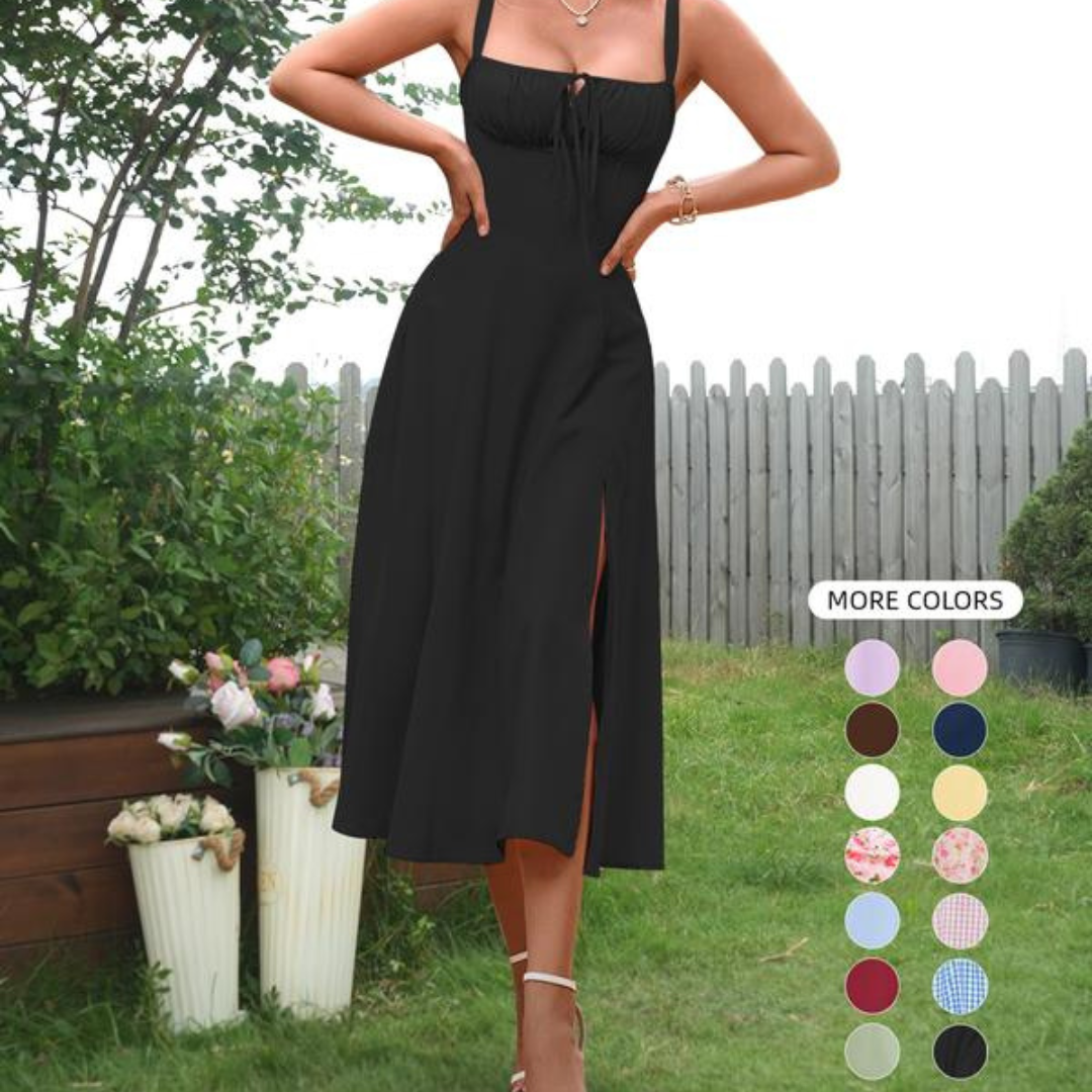 MEGAN™ - Ruched Boning Corset Dress with Tie-Front and Split Thigh Detail