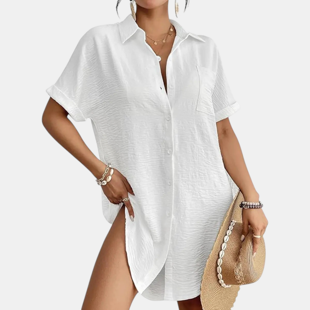 Women's Button Down Pocket Short Sleeve Shirt Dress