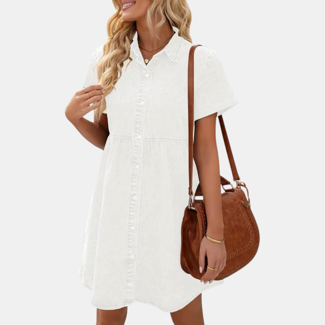 Women's Washed Denim Button Down Ruffle Tiered Mini Dress