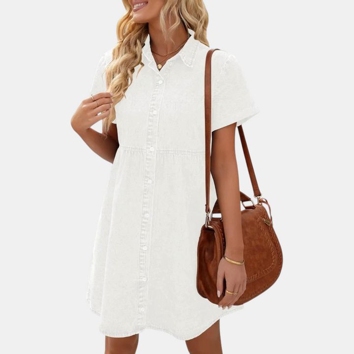 Women's Washed Denim Button Down Ruffle Tiered Mini Dress