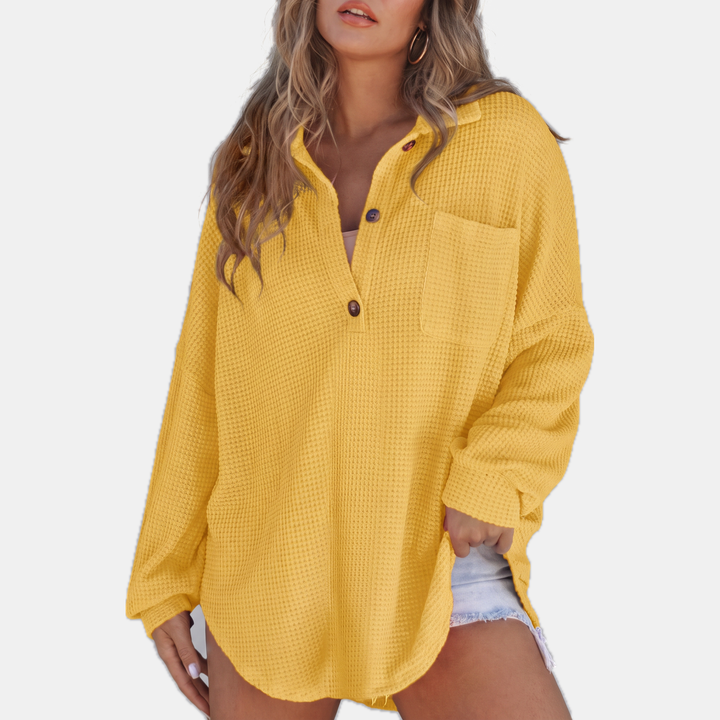 Women's Button V Neck Long Sleeve Waffle Knit Tunic Top