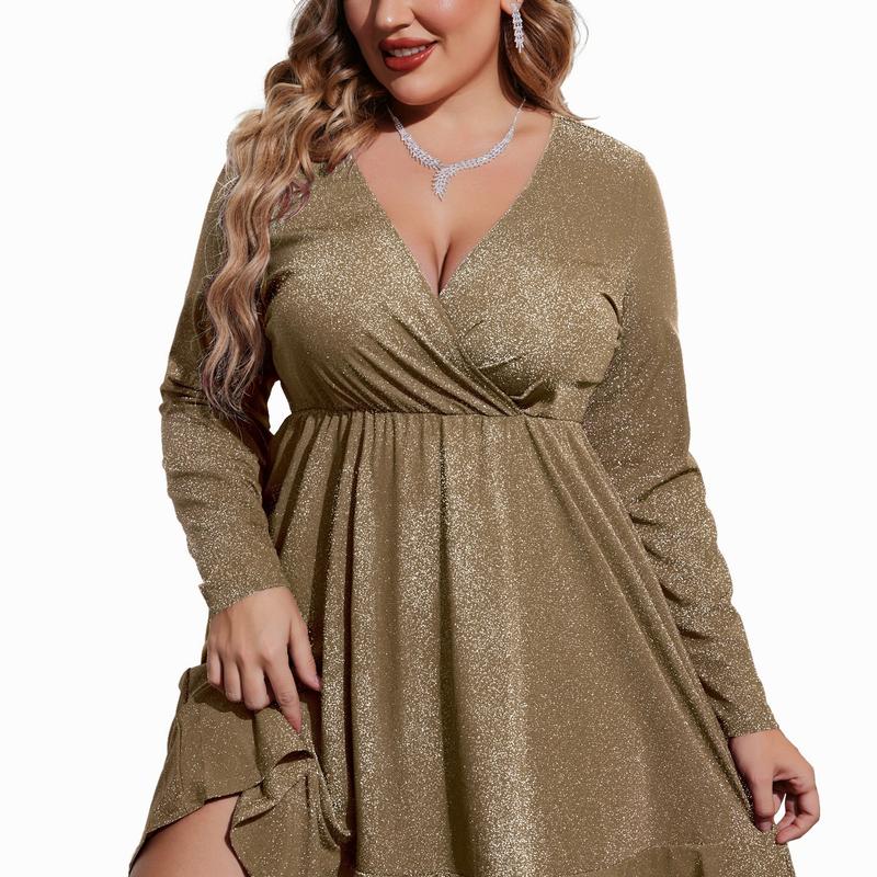 MATHILDE™ - Plus Size Glitter V-Neck Ruffle Hem Swing Cocktail Dress