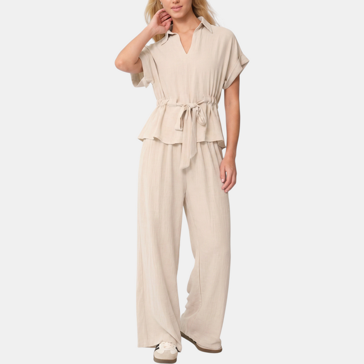 Women's Collared Short Sleeve Top and Wide Leg Trousers Co-ord Set