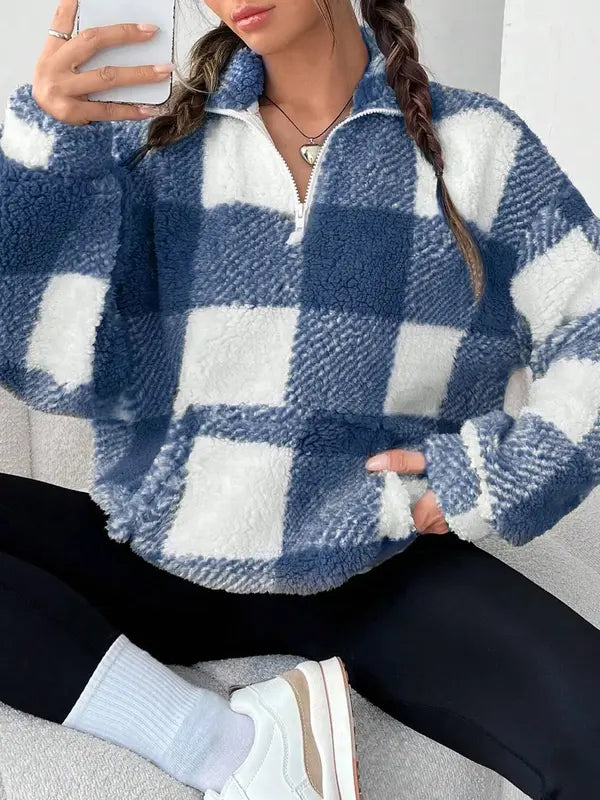 MALDA™ - Chic Plaid Print Half Zip Long Sleeve Sweater