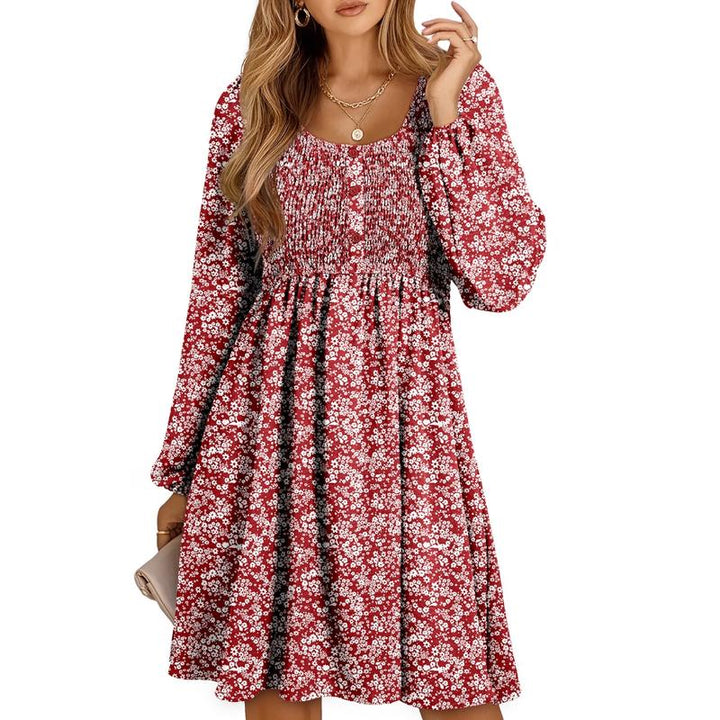HARPER™ - Casual Smocked Empire Waist A-Line Dress with Button-Up Detail
