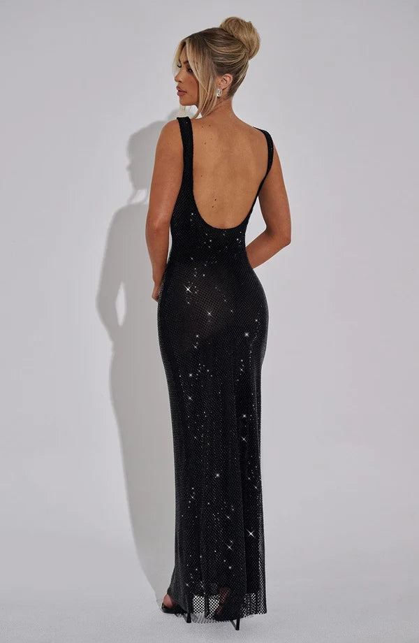 PETRA™ - Elegant Rhinestone Square Neck Maxi Dress