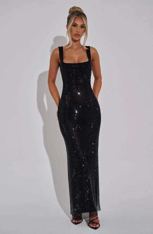 PETRA™ - Elegant Rhinestone Square Neck Maxi Dress