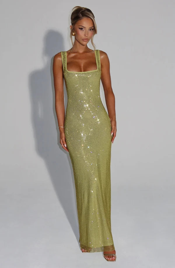 PETRA™ - Elegant Rhinestone Square Neck Maxi Dress