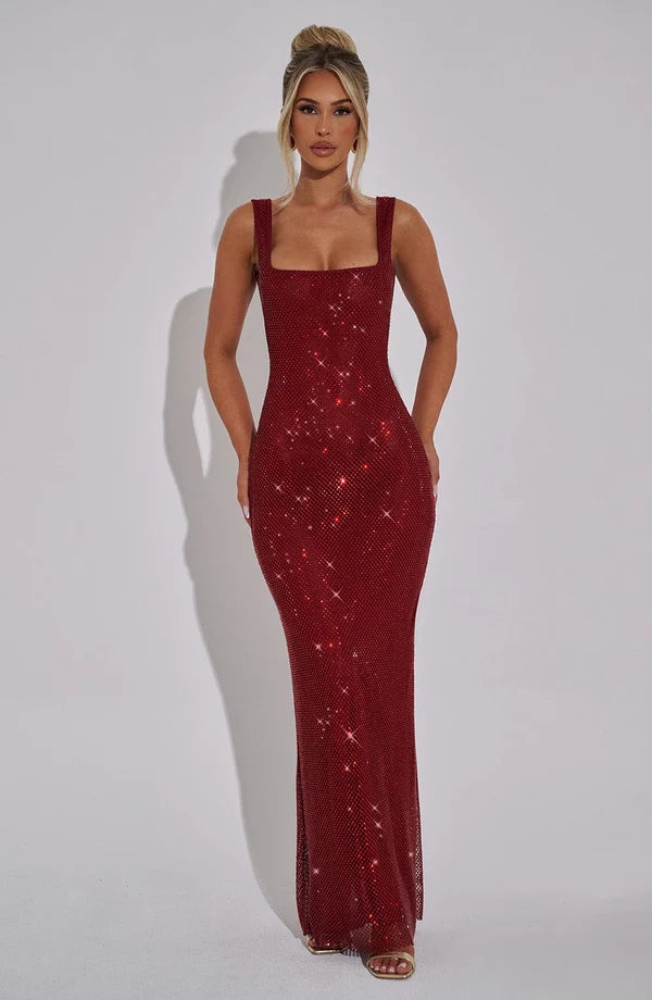 PETRA™ - Elegant Rhinestone Square Neck Maxi Dress