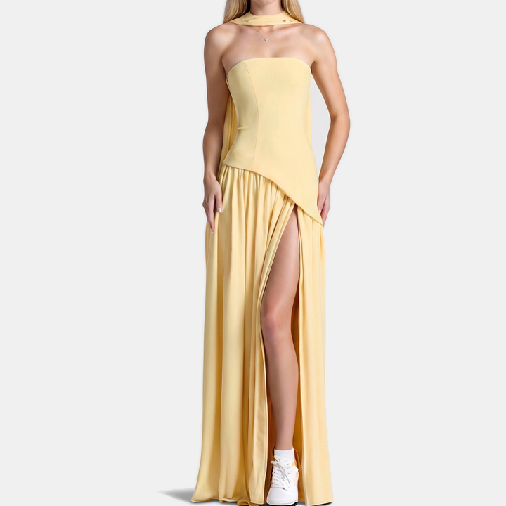Women's Strapless High Slit Solid Maxi Dress